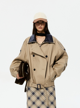 REVAN芮范设计师款经典卡其色双排扣立领短风衣RK10201200