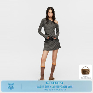 REVAN芮范设计师款轻氧感黑白细条纹不规则连衣裙RK31101162