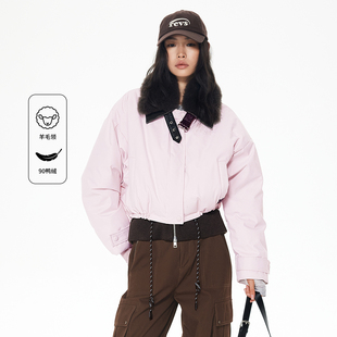 REVAN芮范2025冬季PU皮羊毛领假两件小欧包派克羽绒服RL90501259
