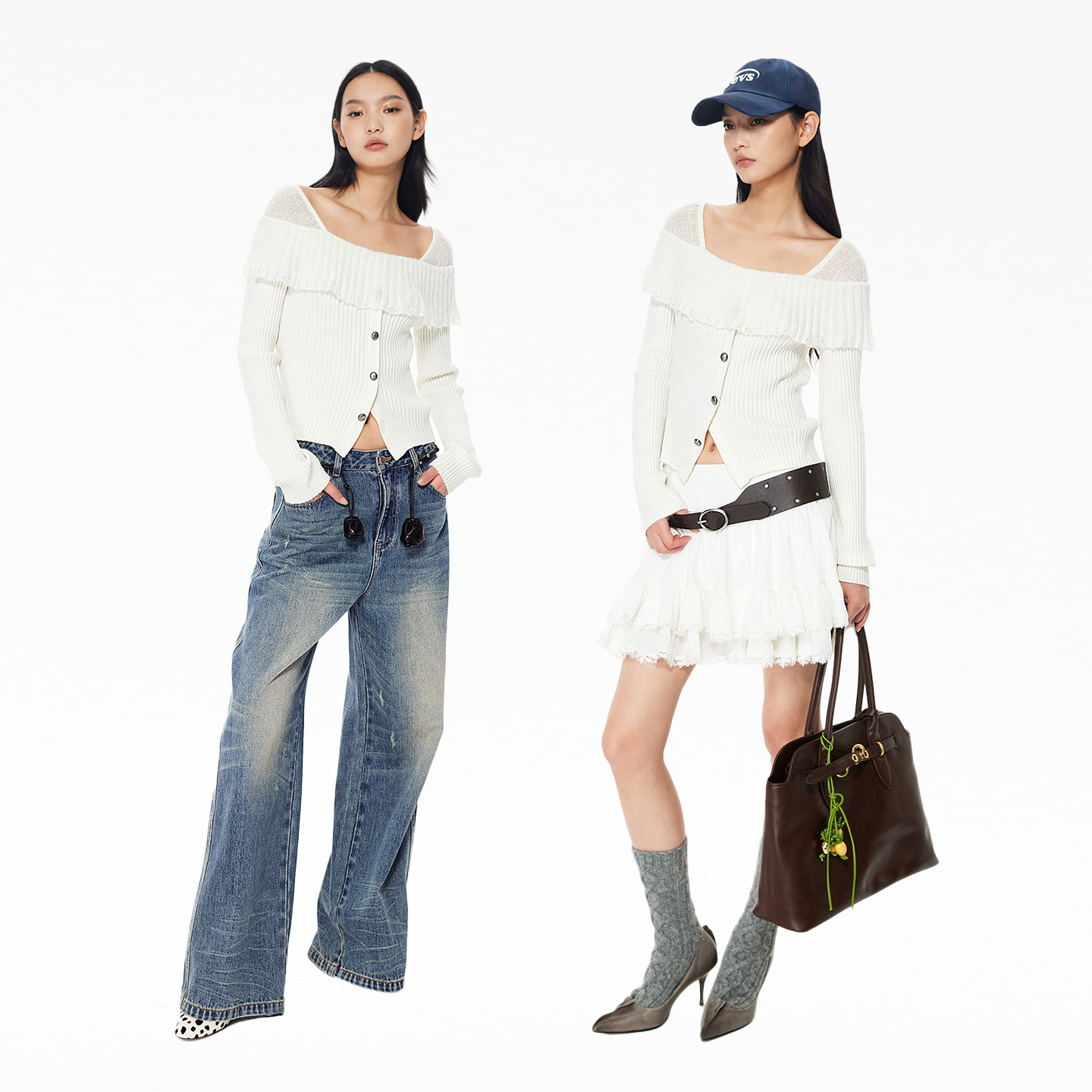 REVAN芮范设计师款假两件一字肩针织上衣RL90601379