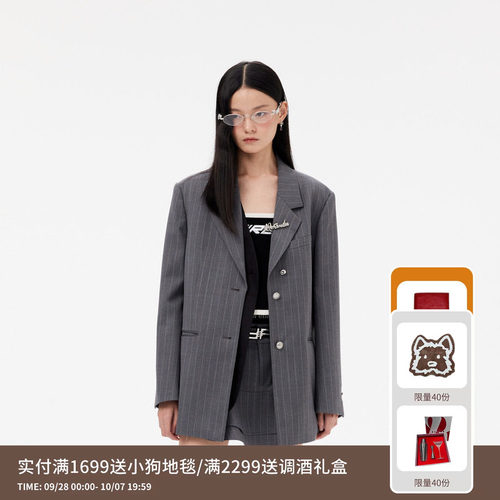 REVAN芮范设计师款通勤感灰色条纹西装RM10101253