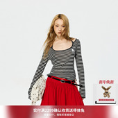 REVAN芮范设计师款 三角绑带喇叭袖 U型领黑灰条纹T恤RK10801093