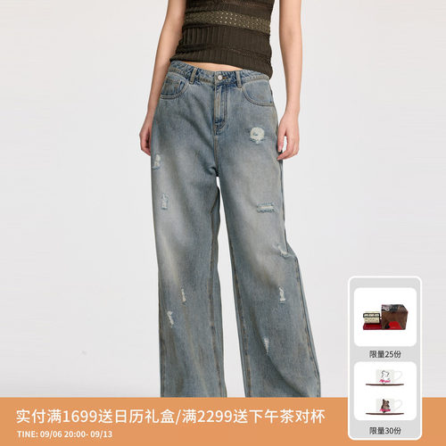 REVAN芮范设计师款复古泥染直筒牛仔裤RL31302012