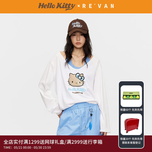 REVAN芮范黑皮HelloKitty蓝白撞色真两件挂脖长袖T恤RK31001025