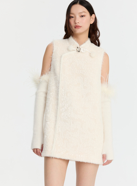 REVAN芮范设计师款氛围感毛感袖套连衣裙RM91101143