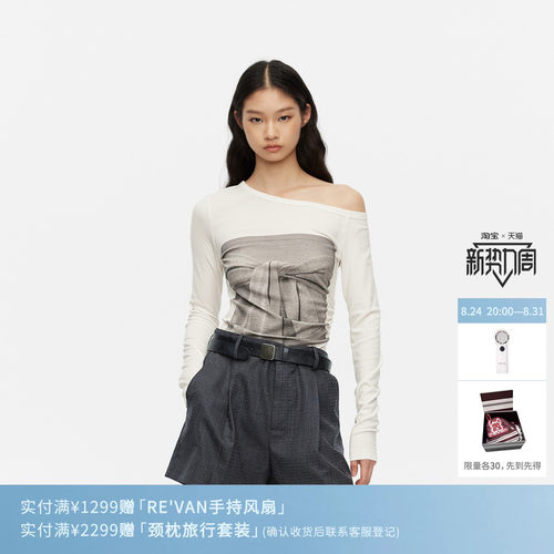 REVAN芮范设计师款灰色针织数码直喷图案斜肩长袖T恤RK31001419