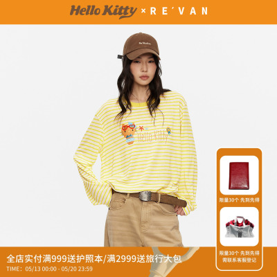 REVAN芮范黑皮HelloKitty夏日度假风黄白条纹长袖T恤RK31001106