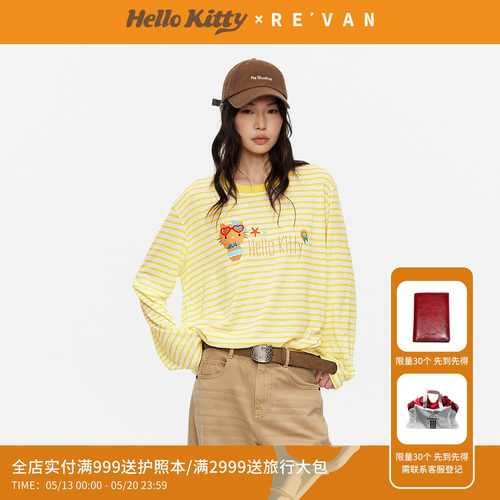 REVAN芮范黑皮HelloKitty夏日度假风黄白条纹长袖T恤RK31001106