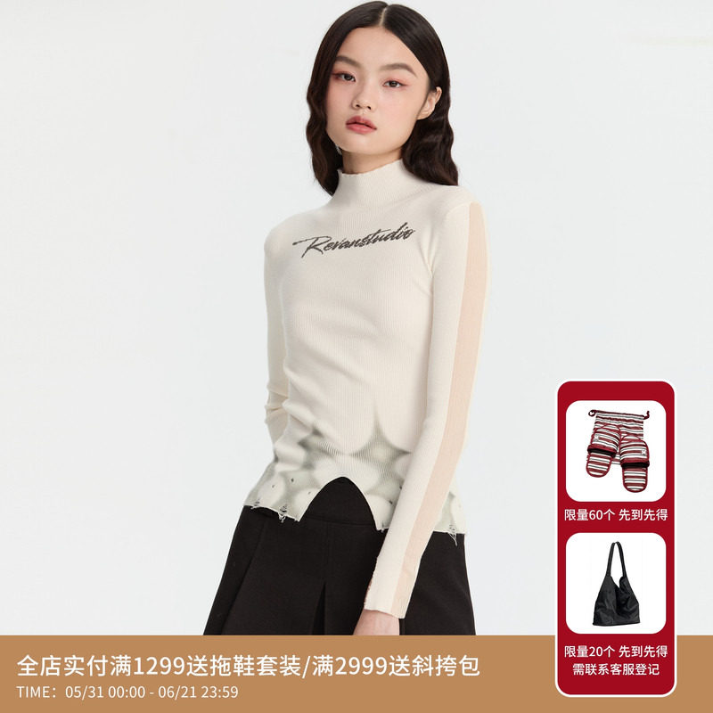 REVAN芮范设计师款质感印花破洞套头毛衫RM90601266