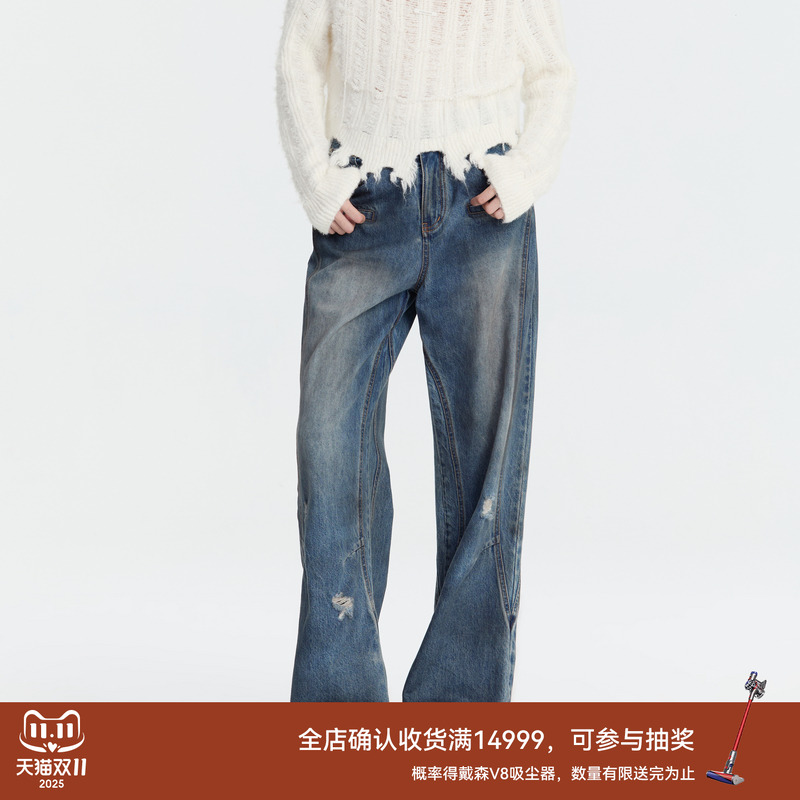 REVAN芮范新品设计师款做旧磨破直筒牛仔裤RM91302149