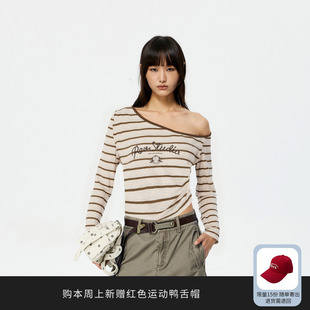 REVAN芮范设计师款缰绳烫钻白棕绿色条纹斜肩长袖T恤RK11001163