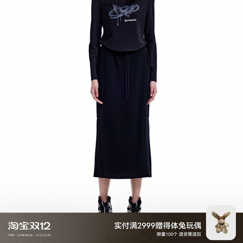 REVAN芮范设计师款街头风通勤黑色中长裙RN91506197