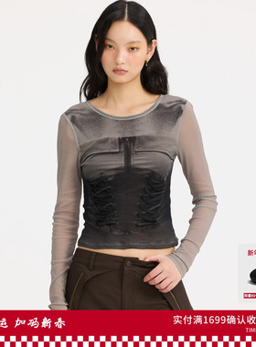 【浪姐同款】REVAN芮范绑带印花网纱打底衫RL10801046