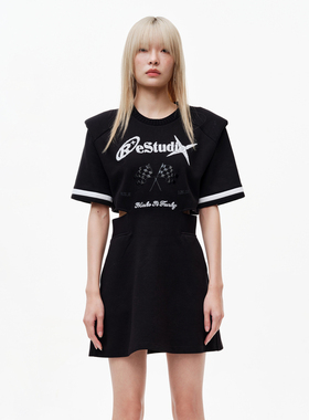 RE'VAN芮范设计师款运动风垫肩黑色连衣裙RN31101082