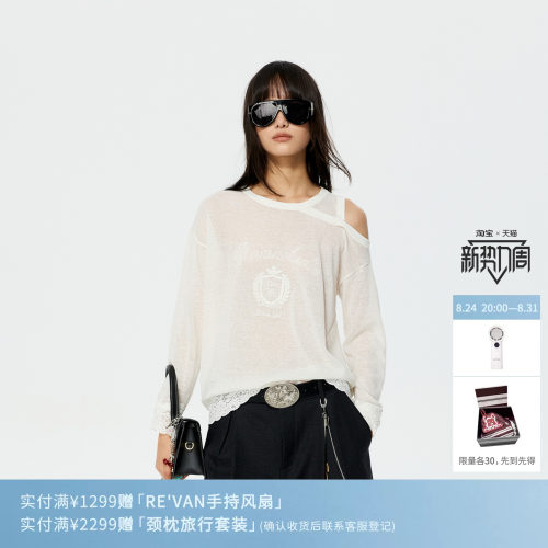 REVAN芮范设计师款徽章图案蕾丝拼接下摆露肩毛衫RK10601420
