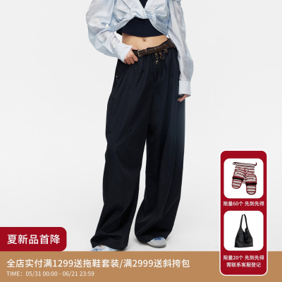 REVAN芮范设计师款垂坠感藏青高腰褶皱阔腿裤RK31301148