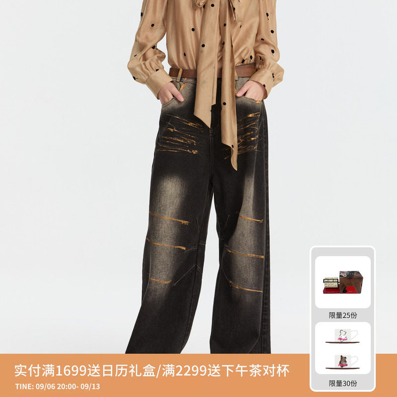 REVAN芮范设计师款街头感烫金牛仔长裤RM91302099图片