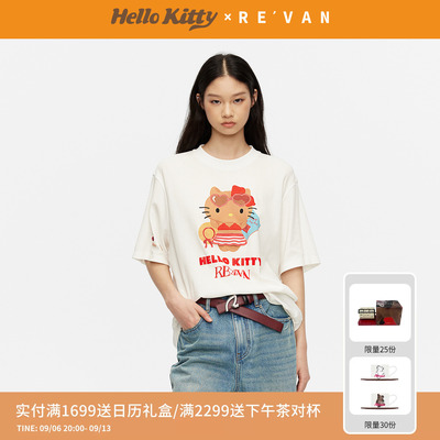 REVAN芮范黑皮HelloKitty夏日慵懒宽松闪粉胶印T恤RK31001215