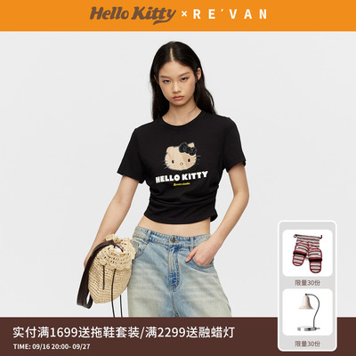 REVAN芮范黑皮HelloKitty假日下摆弧形腰间抽褶黑色T恤RK31001037