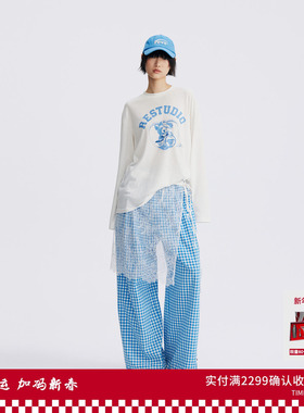 REVAN芮范宠物印花白色蕾丝下摆长袖T恤RL70802037