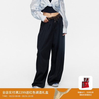 REVAN芮范设计师款垂坠感藏青高腰褶皱阔腿裤RK31301148