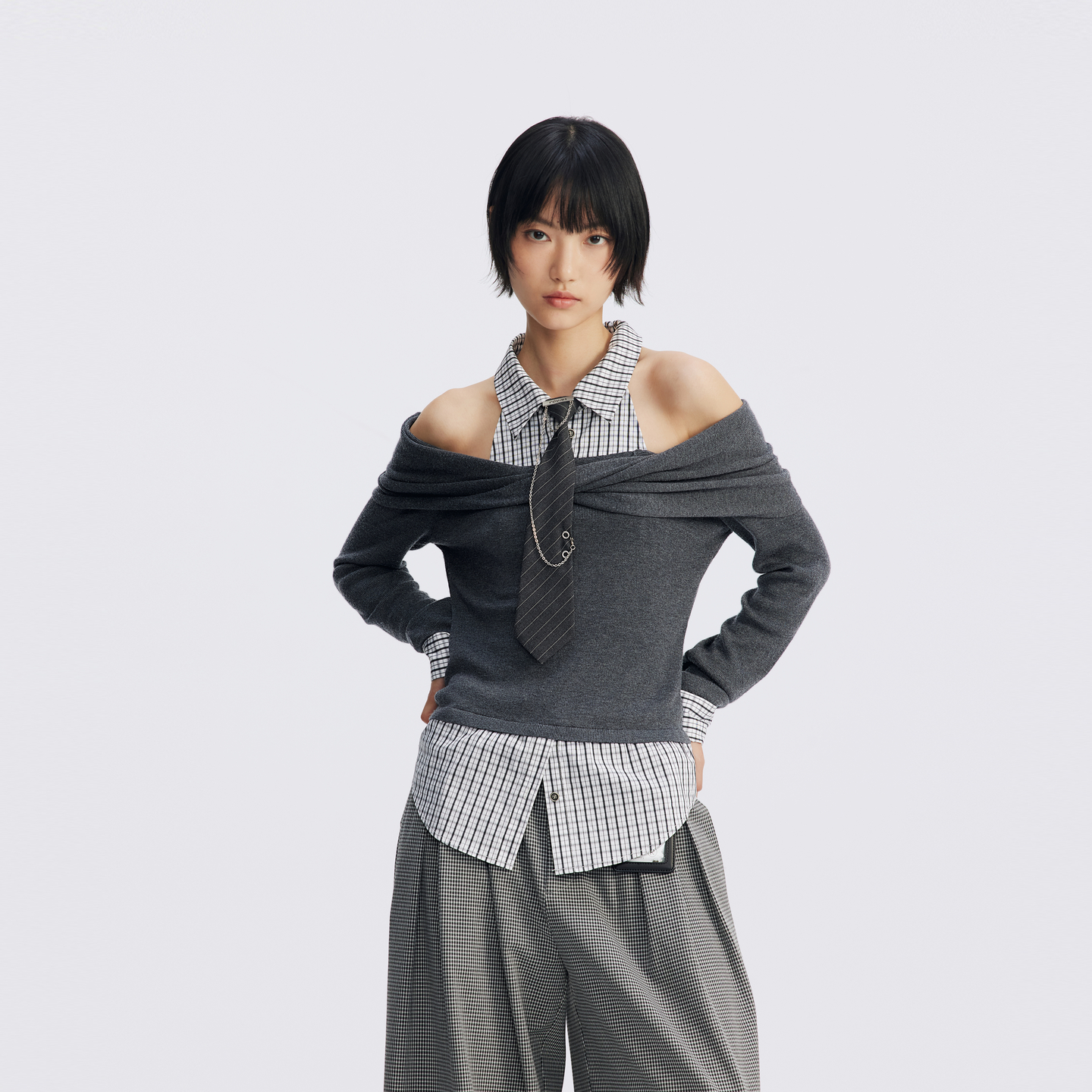 REVAN芮范2025秋季新品设计师款高智姐感格纹露肩单衣RL70801034