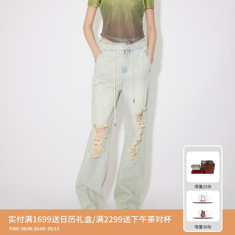 REVAN芮范设计师款清爽感手工破洞牛仔裤RM31302144图片