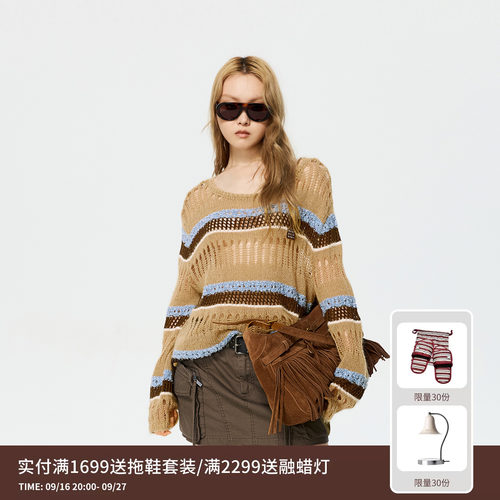 【YEL同款】REVAN芮范松弛感撞色大圆领镂空针型毛衫RK10601290