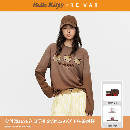 REVAN芮范黑皮HelloKitty豹纹植绒字母渐变长袖T恤RK31001068