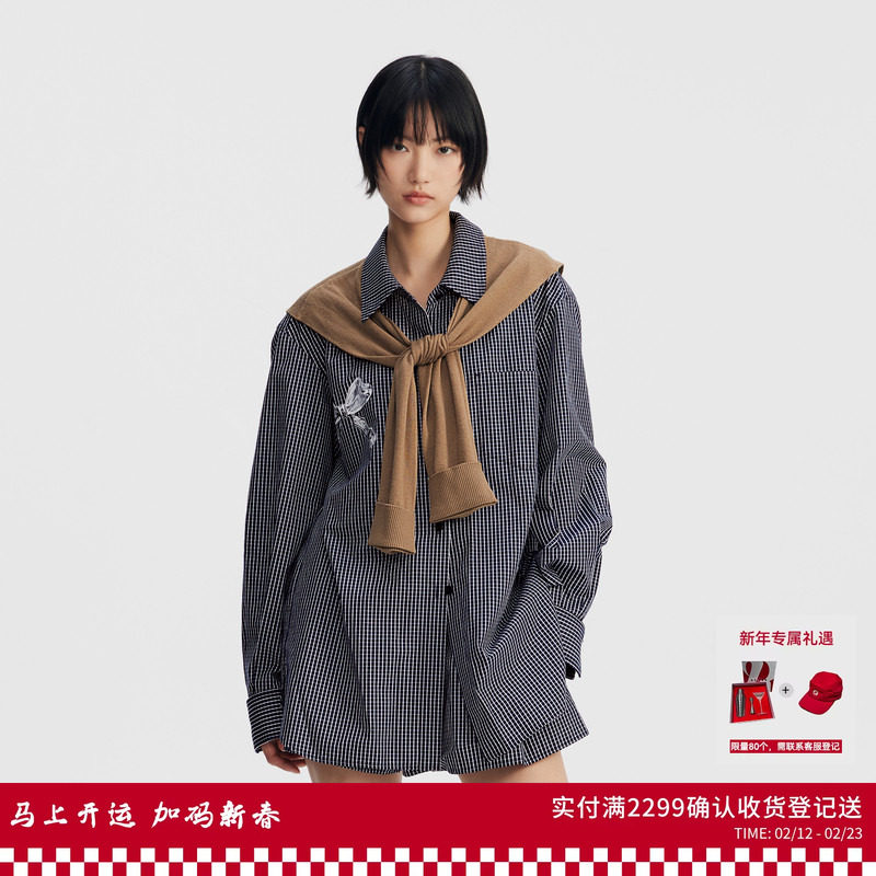 REVAN芮范设计师款学院风蓝格子衬衫套装RL12401166