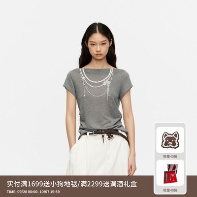 REVAN芮范设计师款松弛感珍珠链印花灰调短袖T恤RK31001455