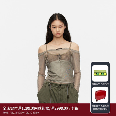 REVAN芮范设计师款松弛半透网纱一字肩假两件上衣RK30801511