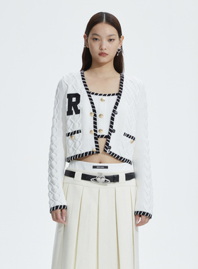 REVAN芮范设计师款小香风撞色毛衣短开衫RN10106298