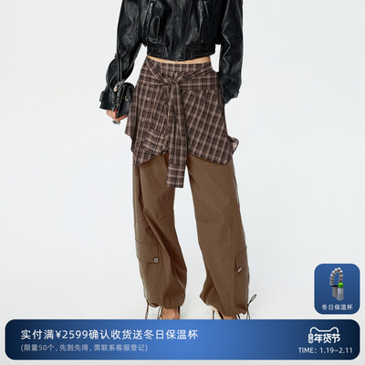 【沈梦辰同款】REVAN芮范叠穿风格纹屁帘棕色工装裤RK11301366