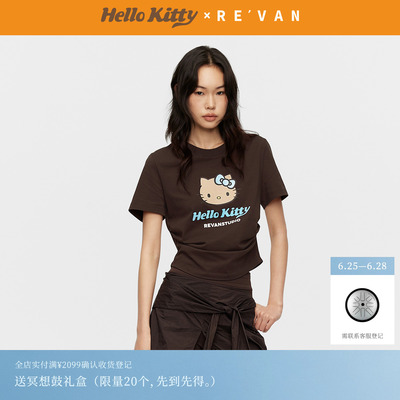 REVAN芮范黑皮HelloKitty减龄感棕调短款抽褶T恤RK31001026