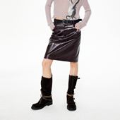 REVAN芮范设计师款 酒红色油蜡PU皮中裙RL91503452