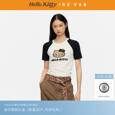 REVAN芮范黑皮HelloKitty夏日风弧形下摆插肩袖T恤RK31001035
