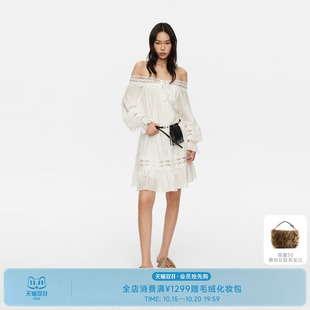 REVAN芮范设计师款流苏腰包一字领蕾丝拼接白色连衣裙RK31101122