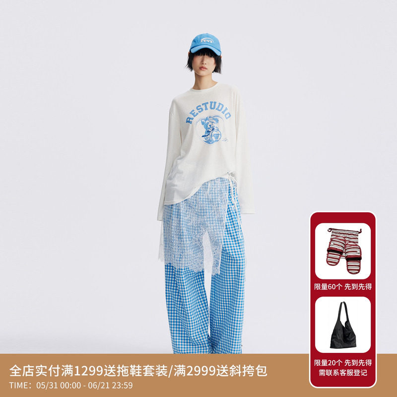REVAN芮范宠物印花白色蕾丝下摆长袖T恤RL70802037