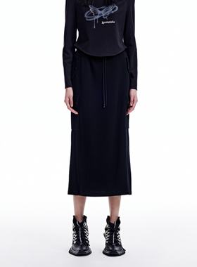 REVAN芮范设计师款街头风通勤黑色中长裙RN91506197