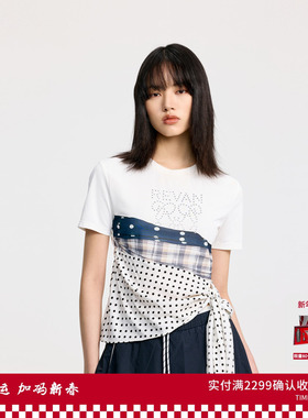【浪姐同款】REVAN芮范少女感波点缎面拼接T恤RL31001508