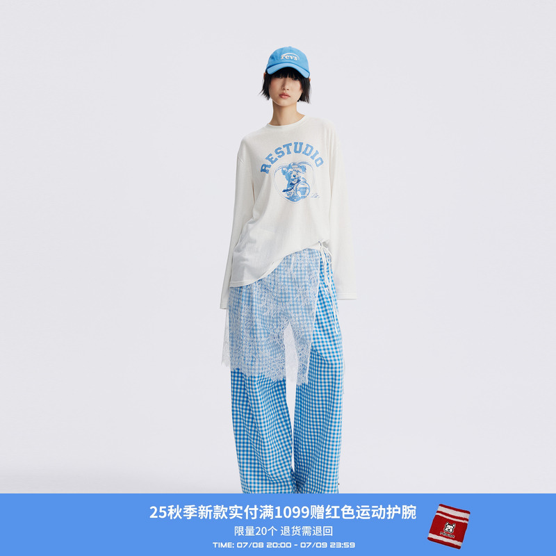 REVAN芮范2025秋季新品宠物印花白色蕾丝下摆长袖T恤RL70802037