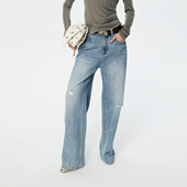 REVAN芮范设计师款 浅蓝色泼墨甩点烫银宽松牛仔裤 RK11302088