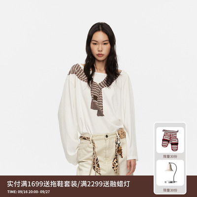 REVAN芮范设计师款松弛慵懒感披肩印花斜肩长袖T恤RK31001053