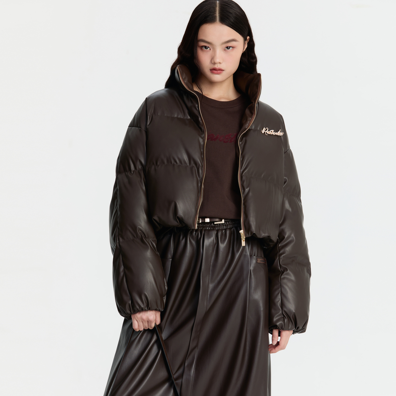 REVAN芮范新品设计师款棕咖色蛋白皮羽绒服RM90501244