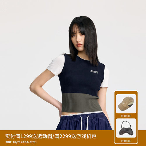 REVAN芮范设计师款藏青军绿拼接短袖毛衫RL30601166