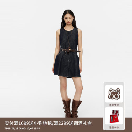 REVAN芮范设计师款编织腰带无袖伞摆牛仔连衣裙RK31102229