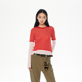 REVAN芮范设计师款透感红条纹假两件毛衫RL90601423