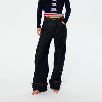 【章若楠同款】REVAN芮范设计师款红色腰带弯刀牛仔裤RK11302291