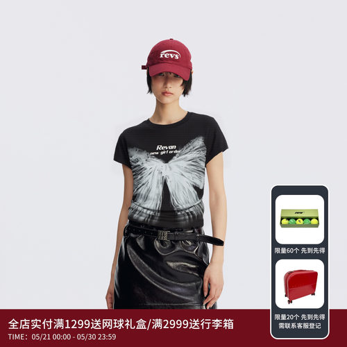 REVAN芮范设计师款浪漫蝴蝶结印花黑色T恤RM71001004